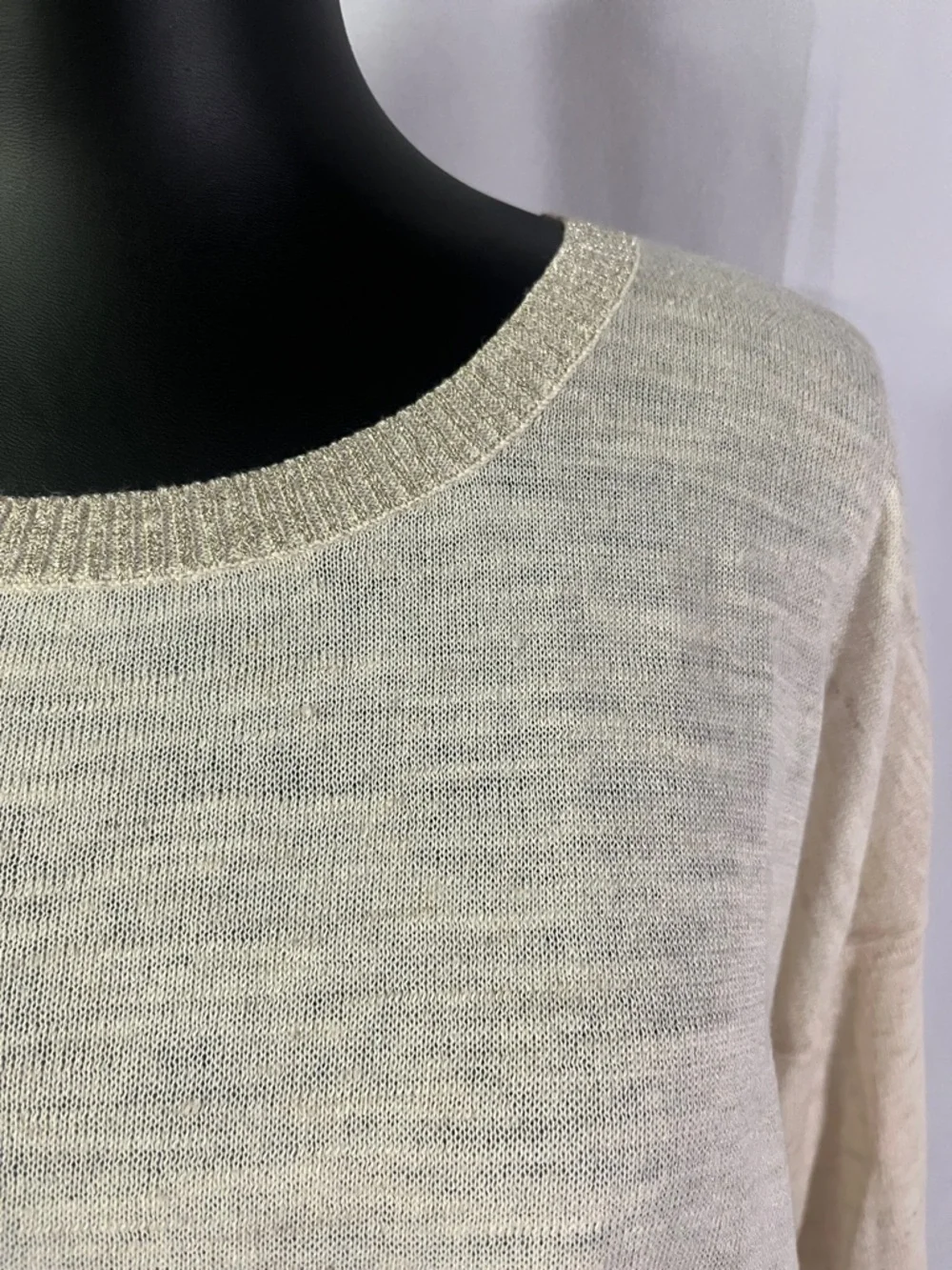NWT LOFT Cream Gold Shimmer Trim 3/4 Sleeve Linen Blend Sweater